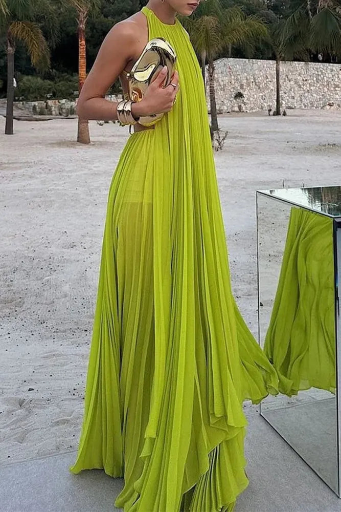 Vestido Weitese amarillo verde moda plisado sin espalda largo elegante gasa vestido de fiesta vestido de noche vestido de fiesta de graduación